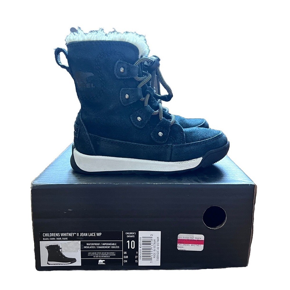 Sorel Whitney II Joan Winter Boots Girls Size 10 Black Suede Faux Fur Trim